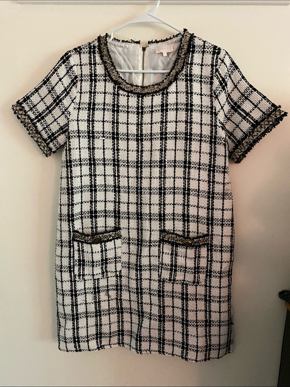 entro Black & White Tweed Dress with Gold Threading